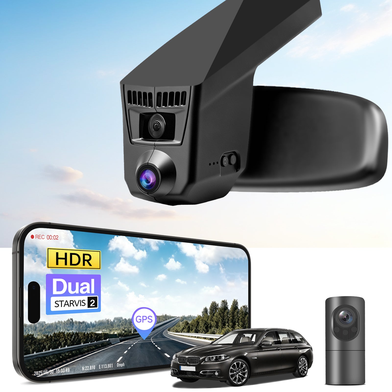 2 channel dash cam with dual STARVIS 2, features smartphone app control, 4K Ultra HD recording, GPS tracking, and BMW 5 Series Gen6 in the background. 