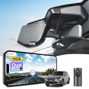 2 channel dash cam with dual STARVIS 2, features smartphone app control, 4K Ultra HD recording, GPS tracking, and BMW X1 Gen3 SUV models in the background. 