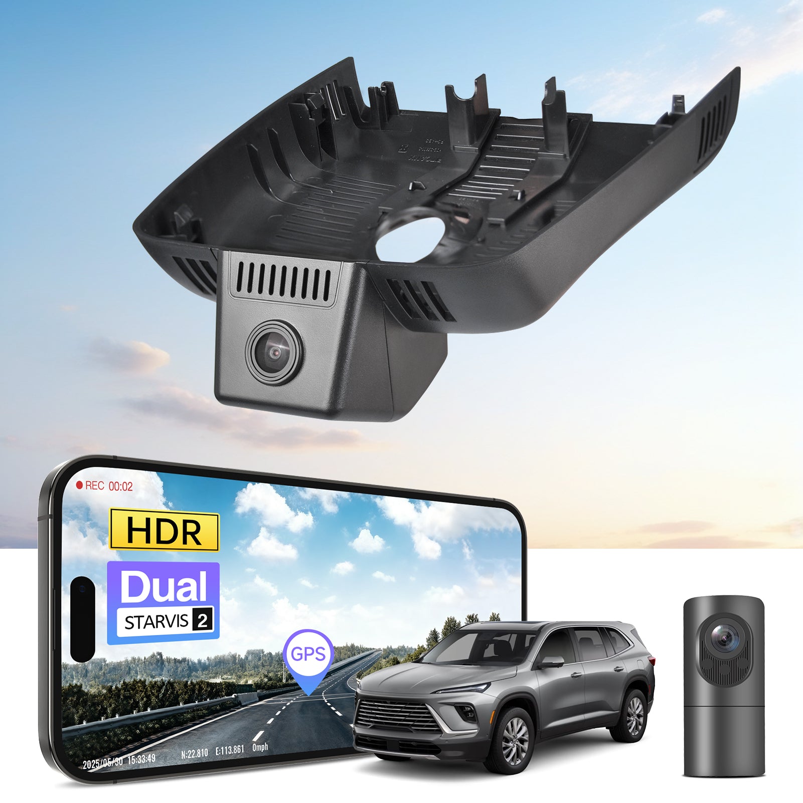 Car dual channel dash camera system, smartphone app control, 4K Ultra HD recording, GPS tracking, and Buick Enclave SUV models in the background. 