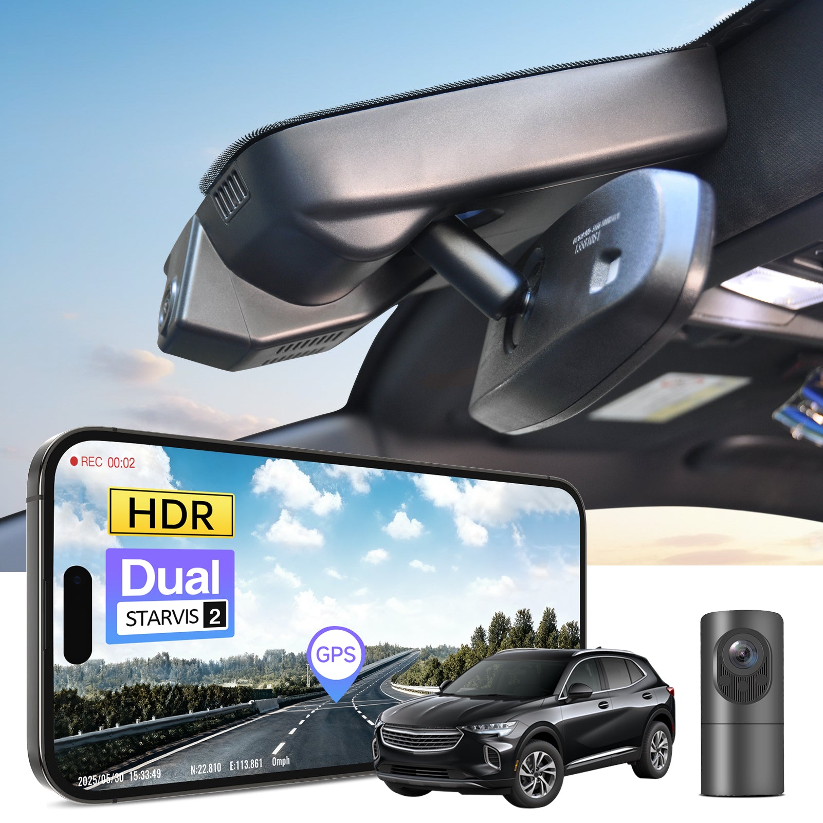 Car dual channel dash camera system, smartphone app control, 4K Ultra HD recording, GPS tracking, and Buick Envision SUV models in the background. 