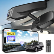 2 channel dash cam with dual STARVIS 2, features smartphone app control, 4K Ultra HD recording, GPS tracking, and Cadillac-Escalade SUV models in the background. 