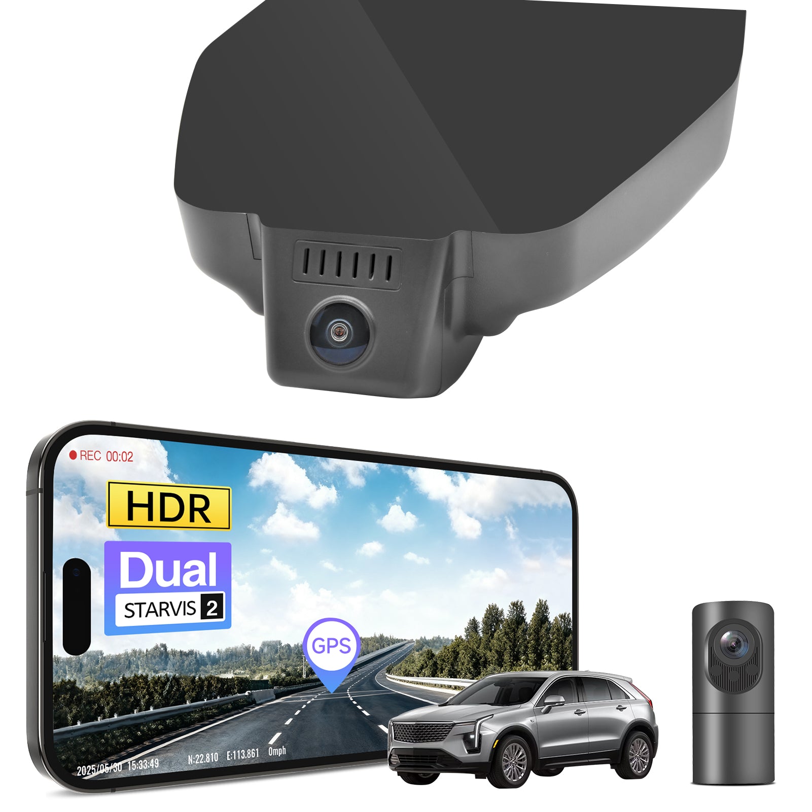 2 channel dash cam with dual STARVIS 2, features smartphone app control, 4K Ultra HD recording, GPS tracking, and Cadillac XT4 SUV models in the background. 