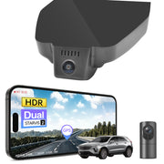 2 channel dash cam with dual STARVIS 2, features smartphone app control, 4K Ultra HD recording, GPS tracking, and Cadillac XT4 SUV models in the background. 