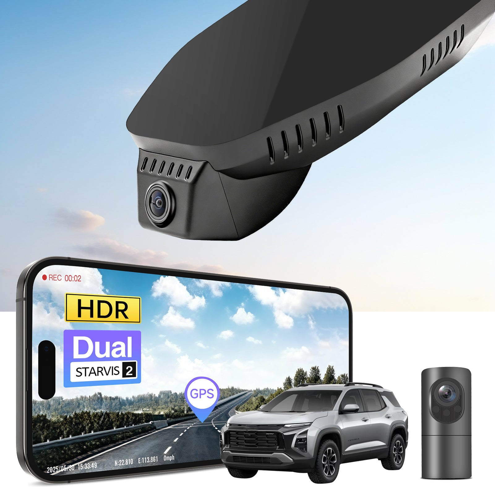 2 channel dash cam with dual STARVIS 2, features smartphone app control, 4K Ultra HD recording, GPS tracking, and Chevy Equinox SUV models in the background.  