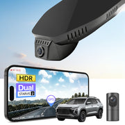2 channel dash cam with dual STARVIS 2, features smartphone app control, 4K Ultra HD recording, GPS tracking, and Chevy Equinox SUV models in the background.  