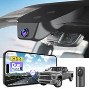 2 channel dash cam with dual STARVIS 2, features smartphone app control, 4K Ultra HD recording, GPS tracking, and Chevy Silverado Pickup models in the background.  