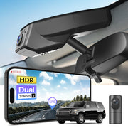 2 channel dash cam with dual STARVIS 2, features smartphone app control, 4K Ultra HD recording, GPS tracking, and Chevy Suburban Tahoe SUV models in the background.  
