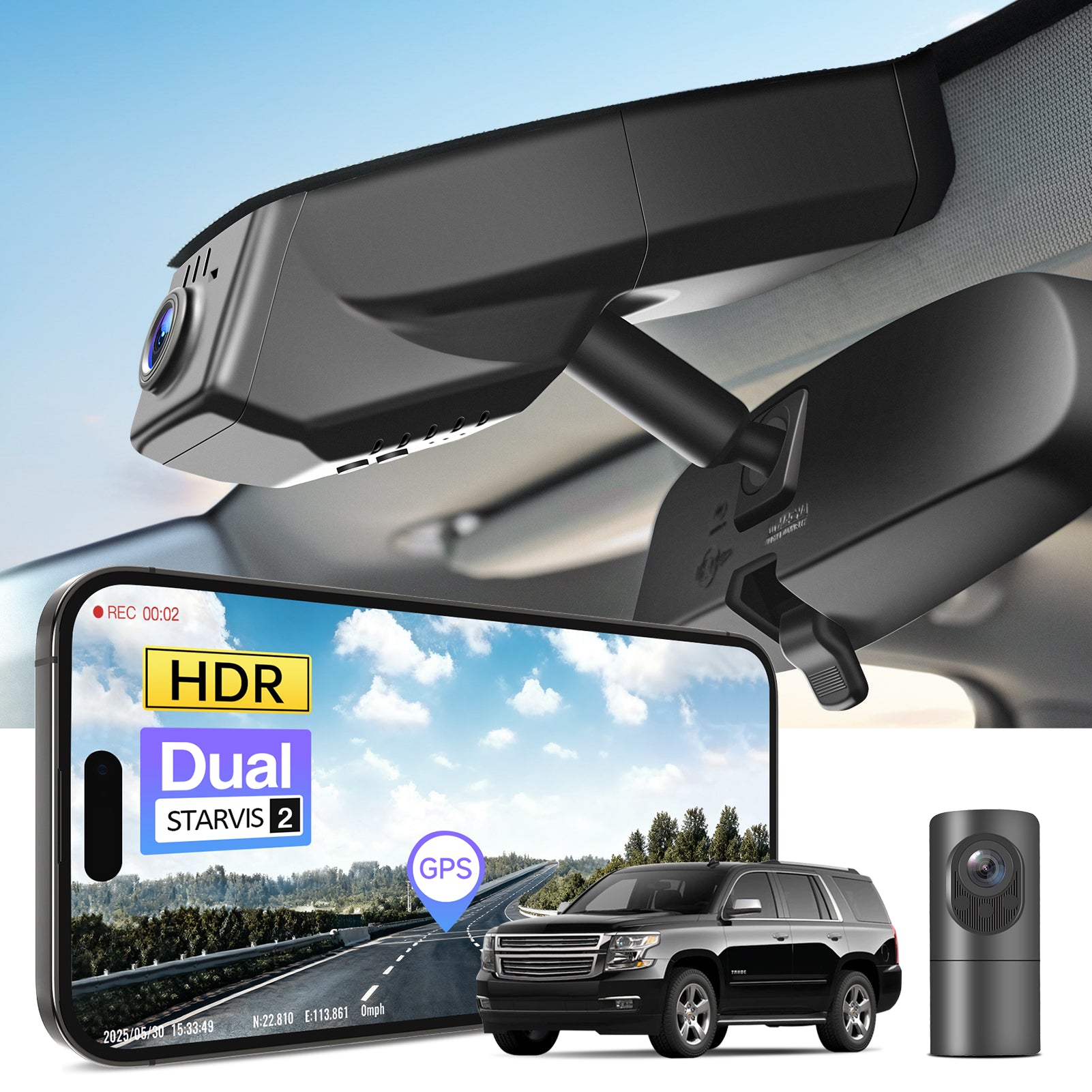 2 channel dash cam with dual STARVIS 2, features smartphone app control, 4K Ultra HD recording, GPS tracking, and Chevy Suburban Tahoe SUV models in the background.  
