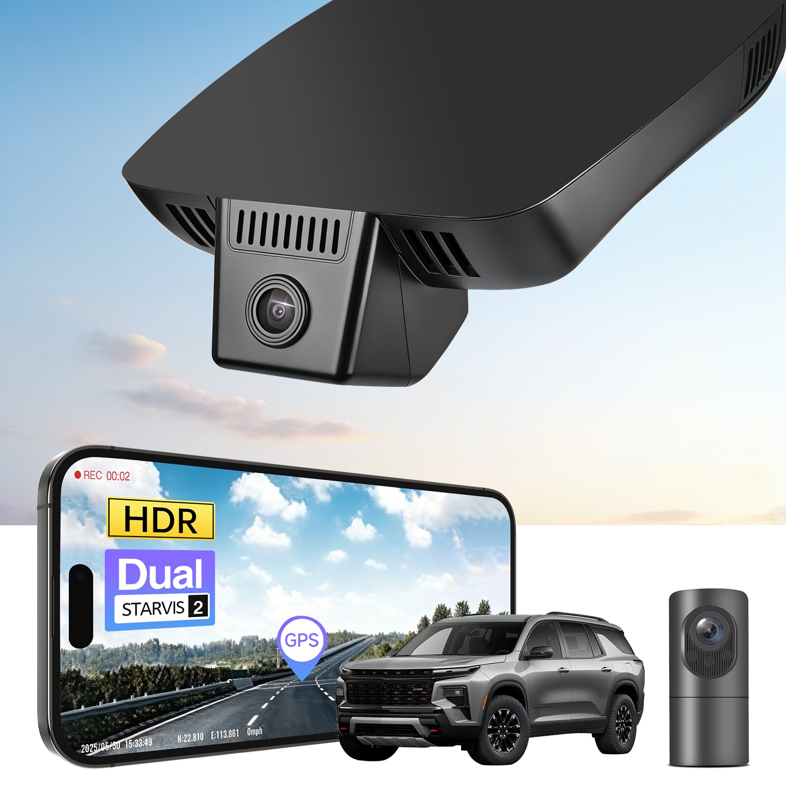 2 channel dash cam with dual STARVIS 2, features smartphone app control, 4K Ultra HD recording, GPS tracking, and Chevy Traverse SUV models in the background.  