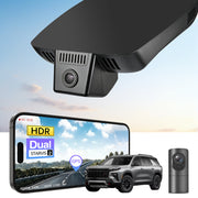 2 channel dash cam with dual STARVIS 2, features smartphone app control, 4K Ultra HD recording, GPS tracking, and Chevy Traverse SUV models in the background.  
