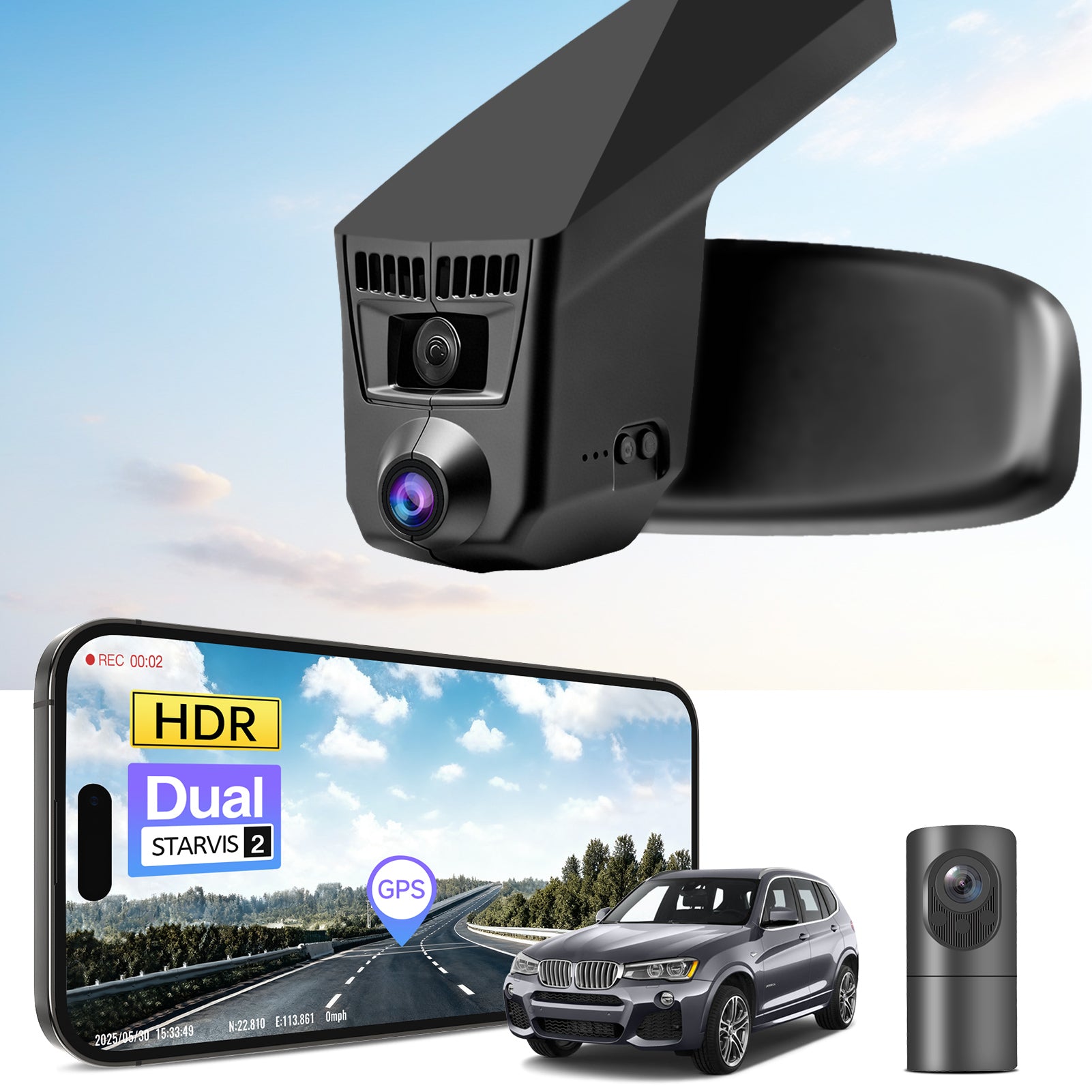 2 channel dash cam with dual STARVIS 2, features smartphone app control, 4K Ultra HD recording, GPS tracking, and BMW X3 Gen2 SUV models in the background.  