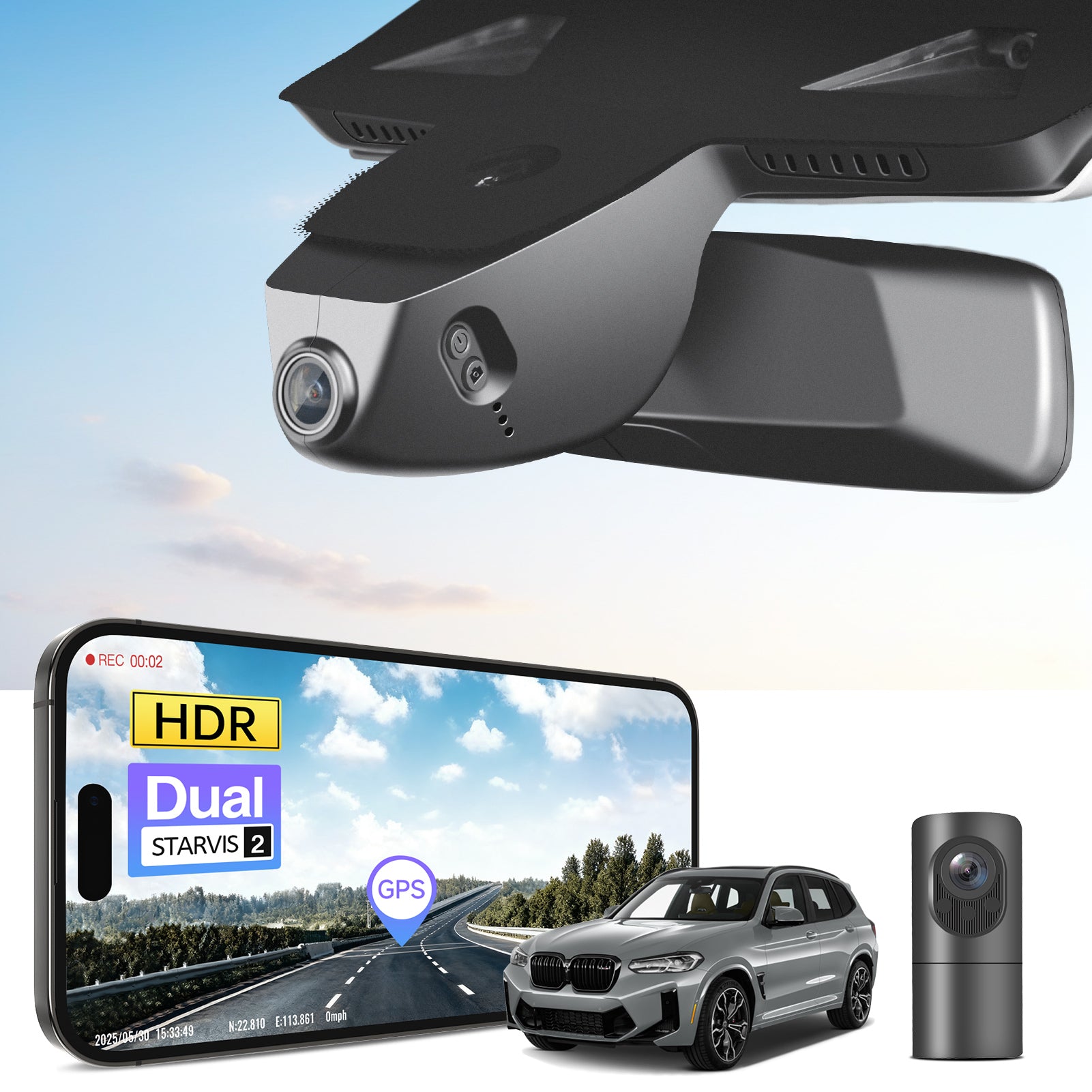 2 channel dash cam with dual STARVIS 2, features smartphone app control, 4K Ultra HD recording, GPS tracking, and BMW X3 Gen3 SUV models in the background.  