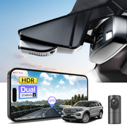 2 channel dash cam with dual STARVIS 2, features smartphone app control, 4K Ultra HD recording, GPS tracking, and Ford Explorer SUV models in the background.  