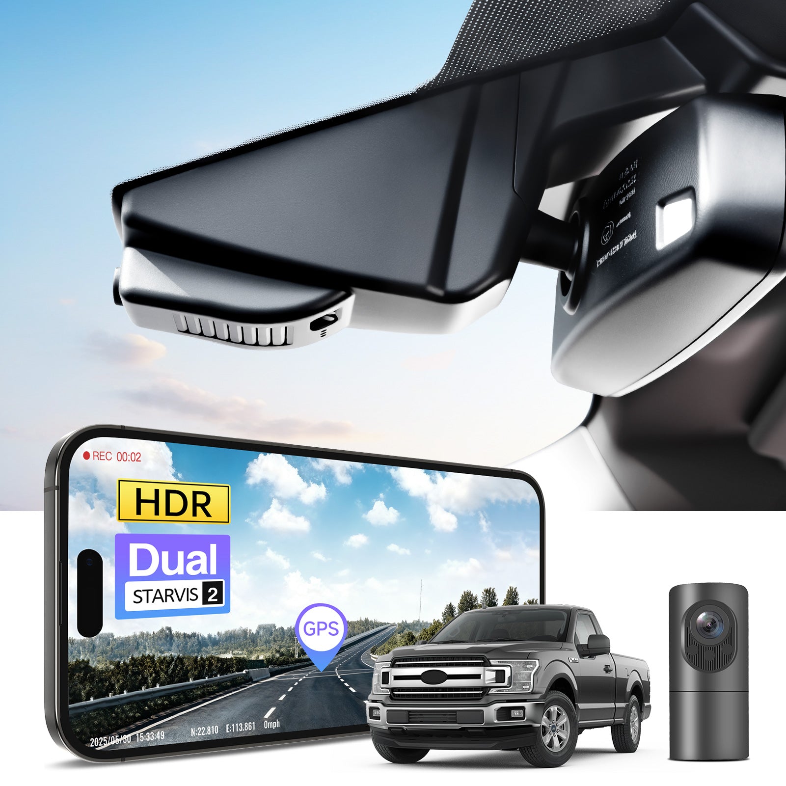 2 channel dash cam with dual STARVIS 2, features smartphone app control, 4K Ultra HD recording, GPS tracking, and Ford F Series Pickup models in the background.  