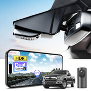 2 channel dash cam with dual STARVIS 2, features smartphone app control, 4K Ultra HD recording, GPS tracking, and Ford F Series Pickup models in the background.  