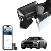 Car dual channel dash camera system, smartphone app control, 4K Ultra HD recording, GPS tracking, and Ford Mustang sports car models in the background. 