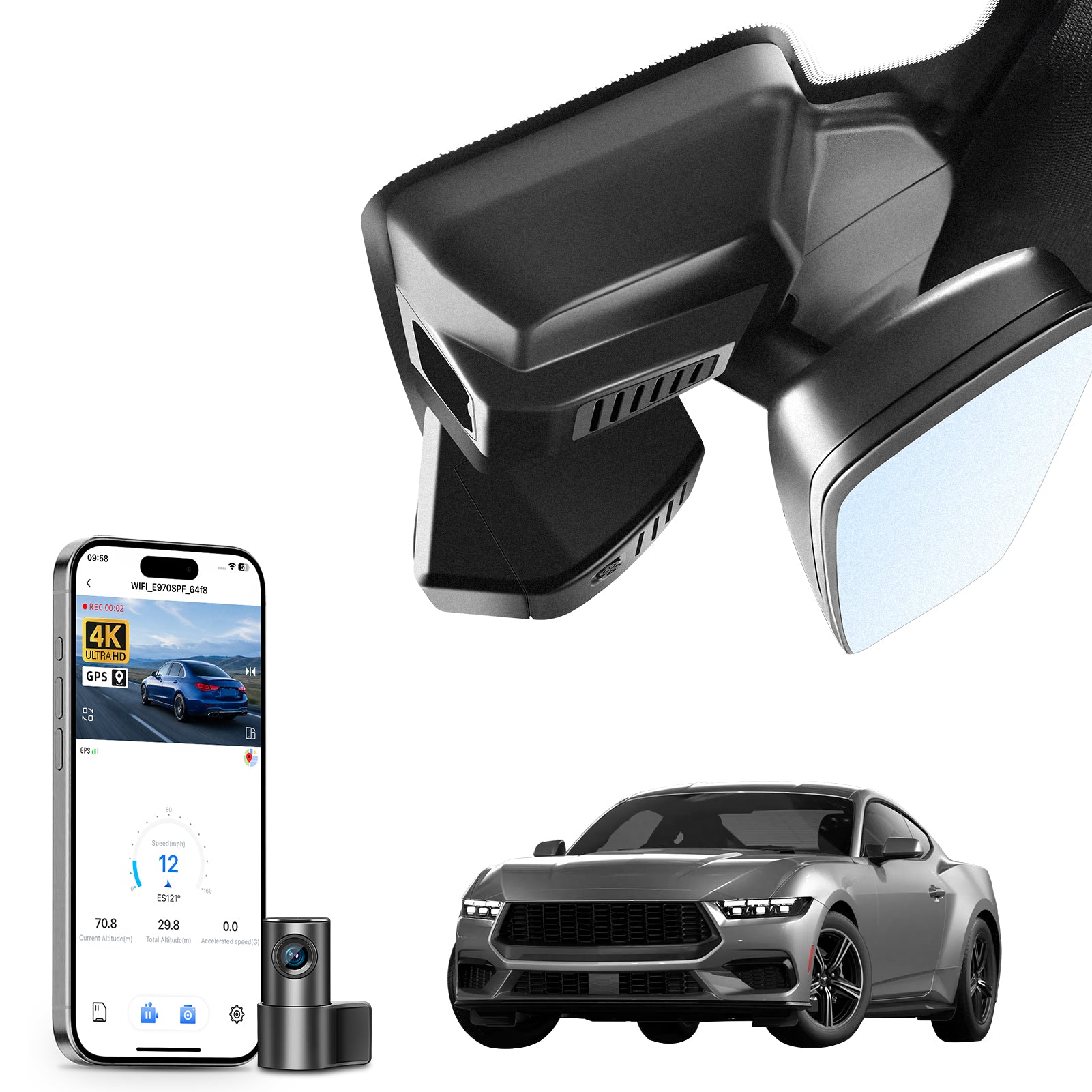 Car dual channel dash camera system, smartphone app control, 4K Ultra HD recording, GPS tracking, and Ford Mustang sports car models in the background. 