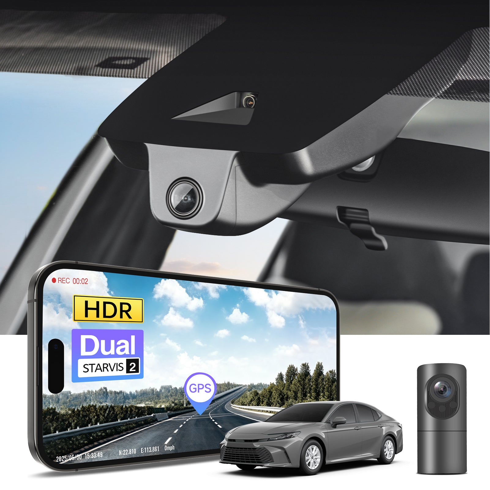 2 channel dash cam with dual STARVIS 2, features smartphone app control, 4K Ultra HD recording, GPS tracking, and Toyota Camry Sedan models in the background.  