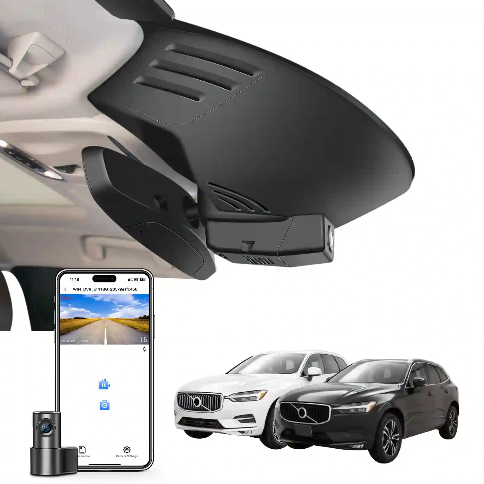 2 channel dash cam with dual STARVIS 2, features smartphone app control, 4K Ultra HD recording, GPS tracking, and Volvo XC60 SUV in the background.  