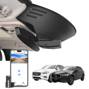 2 channel dash cam with dual STARVIS 2, features smartphone app control, 4K Ultra HD recording, GPS tracking, and Volvo XC60 SUV in the background.  