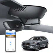 Car rearview mirror built-in dash cam with smartphone app control, 4K Ultra HD recording, GPS tracking, and Volvo XC60 SUV models in the background.