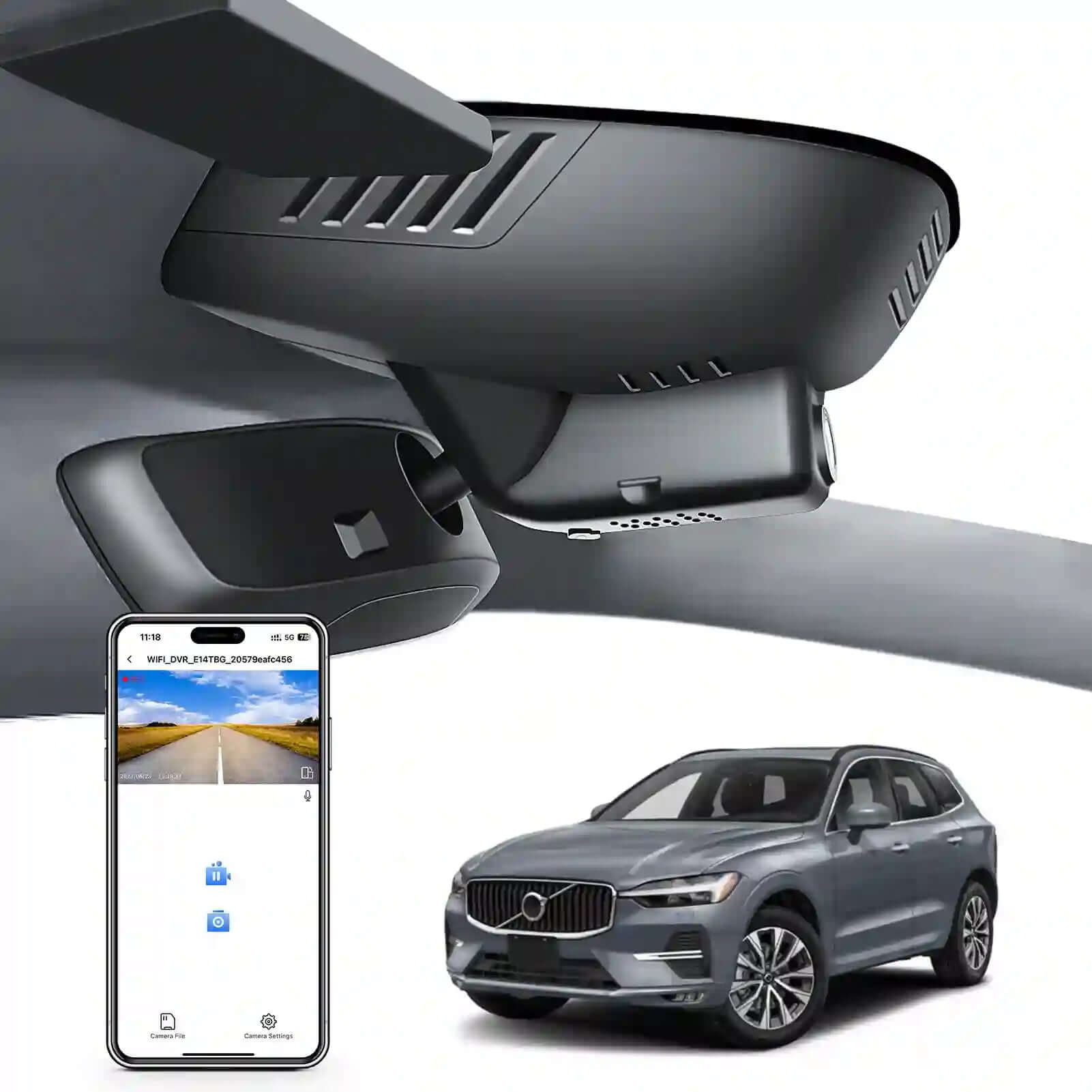 Car rearview mirror built-in dash cam with smartphone app control, 4K Ultra HD recording, GPS tracking, and Volvo XC60 SUV models in the background.