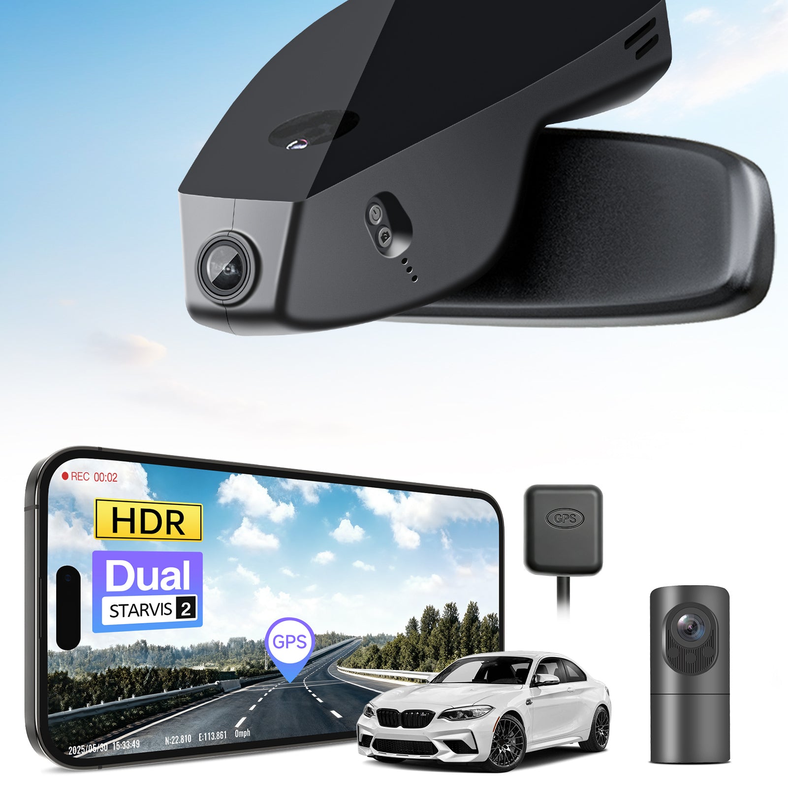 2 channel dash cam with dual STARVIS 2, features smartphone app control, 4K Ultra HD recording, GPS tracking, and BMW 2 Series M2 in the background. 