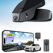 2 channel dash cam with dual STARVIS 2, features smartphone app control, 4K Ultra HD recording, GPS tracking, and BMW 2 Series M2 in the background. 