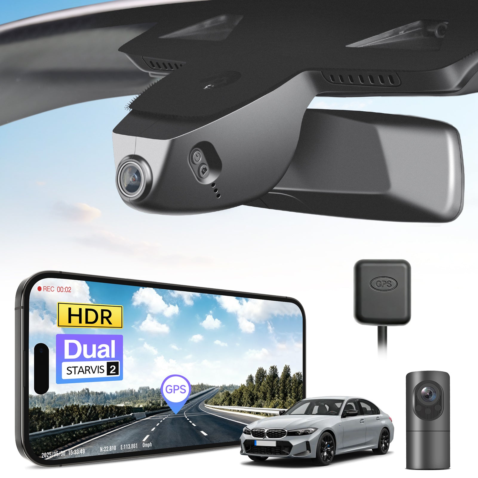 2 channel dash cam with dual STARVIS 2, features smartphone app control, 4K Ultra HD recording, GPS tracking, and BMW 3 Series Gen7 in the background. 