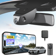 2 channel dash cam with dual STARVIS 2, features smartphone app control, 4K Ultra HD recording, GPS tracking, and BMW 3 Series Gen7 in the background. 