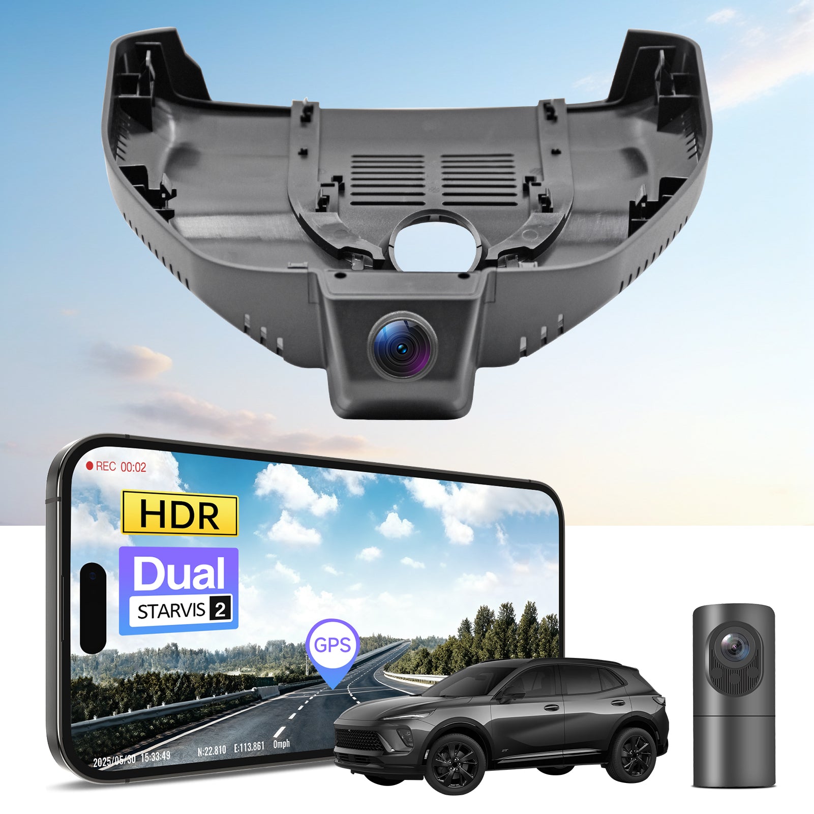 Car dual channel dash camera system, smartphone app control, 4K Ultra HD recording, GPS tracking, and Buick Envision SUV models in the background. 