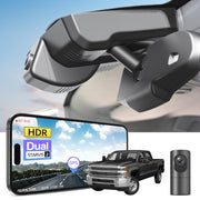 2 channel dash cam with dual STARVIS 2, features smartphone app control, 4K Ultra HD recording, GPS tracking, and Chevy Silverado Pickup models in the background.  