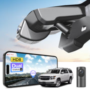 2 channel dash cam with dual STARVIS 2, features smartphone app control, 4K Ultra HD recording, GPS tracking, and Chevy Suburban Tahoe SUV models in the background.  