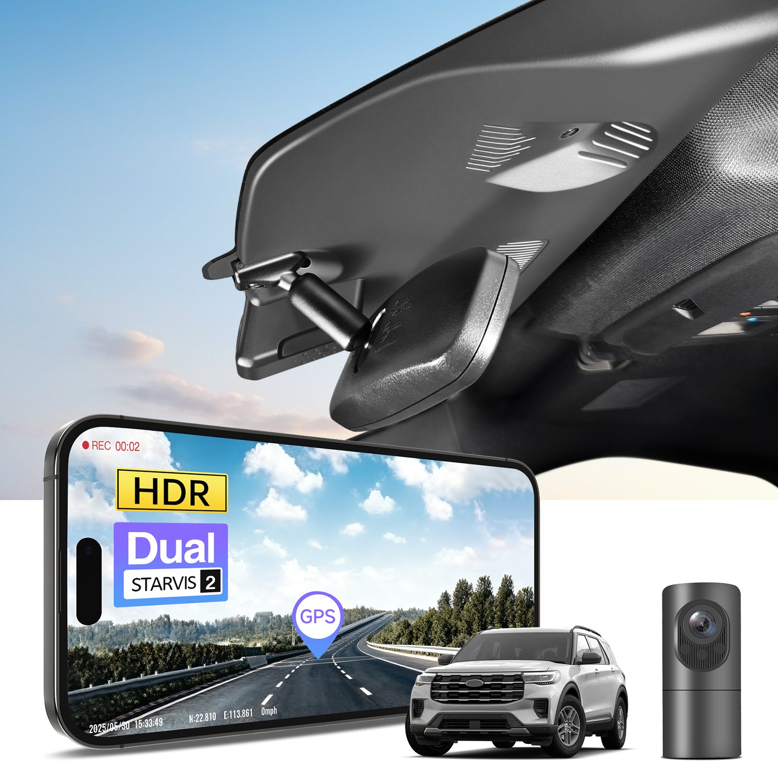 2 channel dash cam with dual STARVIS 2, features smartphone app control, 4K Ultra HD recording, GPS tracking, and Ford Explorer SUV models in the background.  