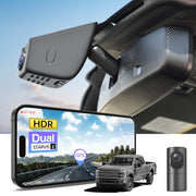 2 channel dash cam with dual STARVIS 2, features smartphone app control, 4K Ultra HD recording, GPS tracking, and Ford F Series Pickup models in the background.  