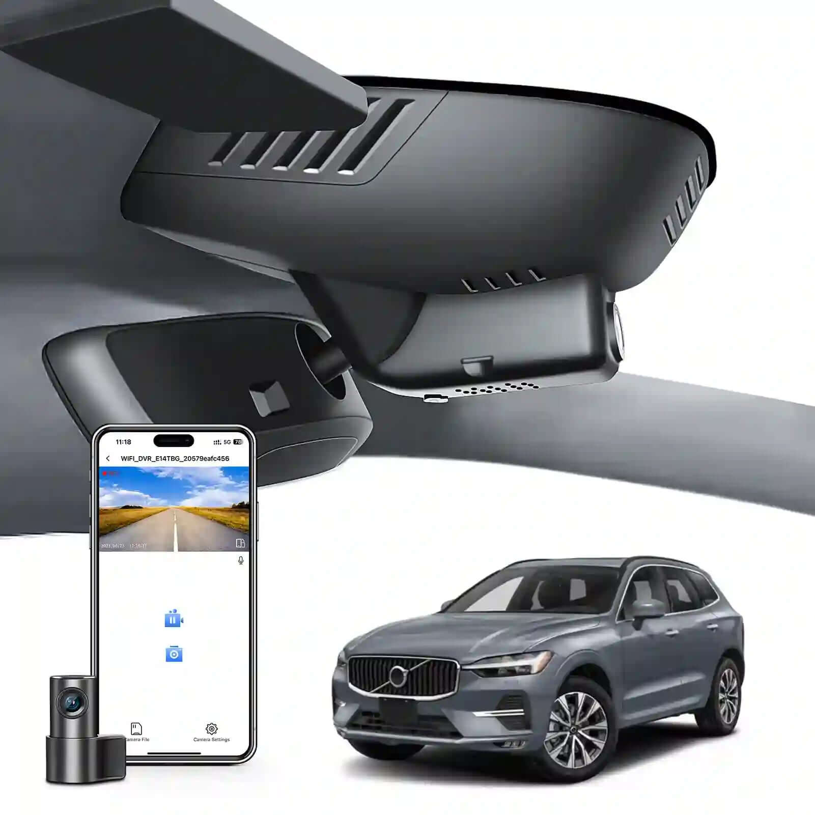 2 channel dash cam with dual STARVIS 2, features smartphone app control, 4K Ultra HD recording, GPS tracking, and Volvo XC60 SUV in the background.  