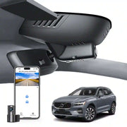 2 channel dash cam with dual STARVIS 2, features smartphone app control, 4K Ultra HD recording, GPS tracking, and Volvo XC60 SUV in the background.  