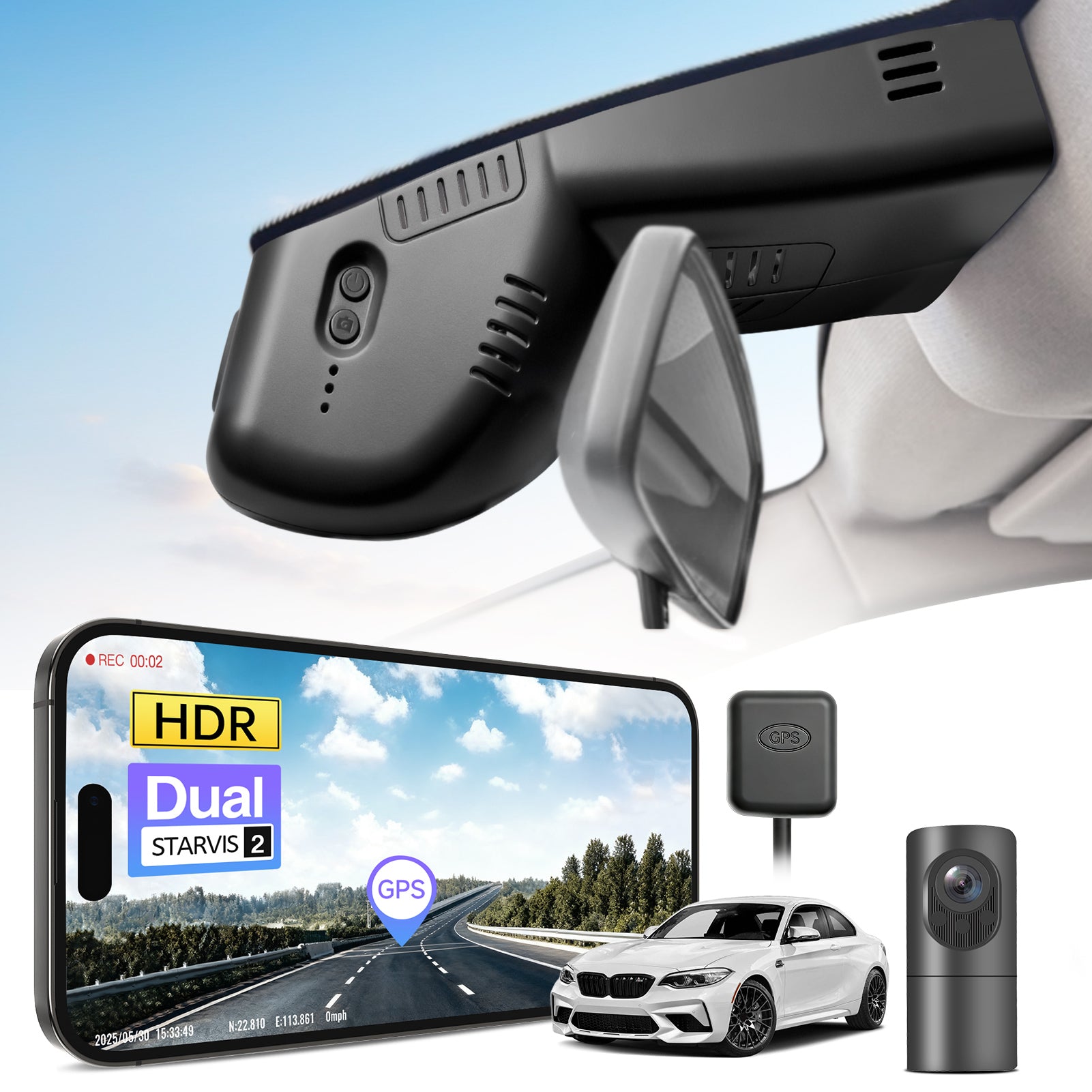 2 channel dash cam with dual STARVIS 2, features smartphone app control, 4K Ultra HD recording, GPS tracking, and BMW 2 Series M2 in the background. 