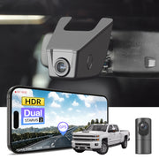 2 channel dash cam with dual STARVIS 2, features smartphone app control, 4K Ultra HD recording, GPS tracking, and Chevy Silverado Pickup models in the background.  