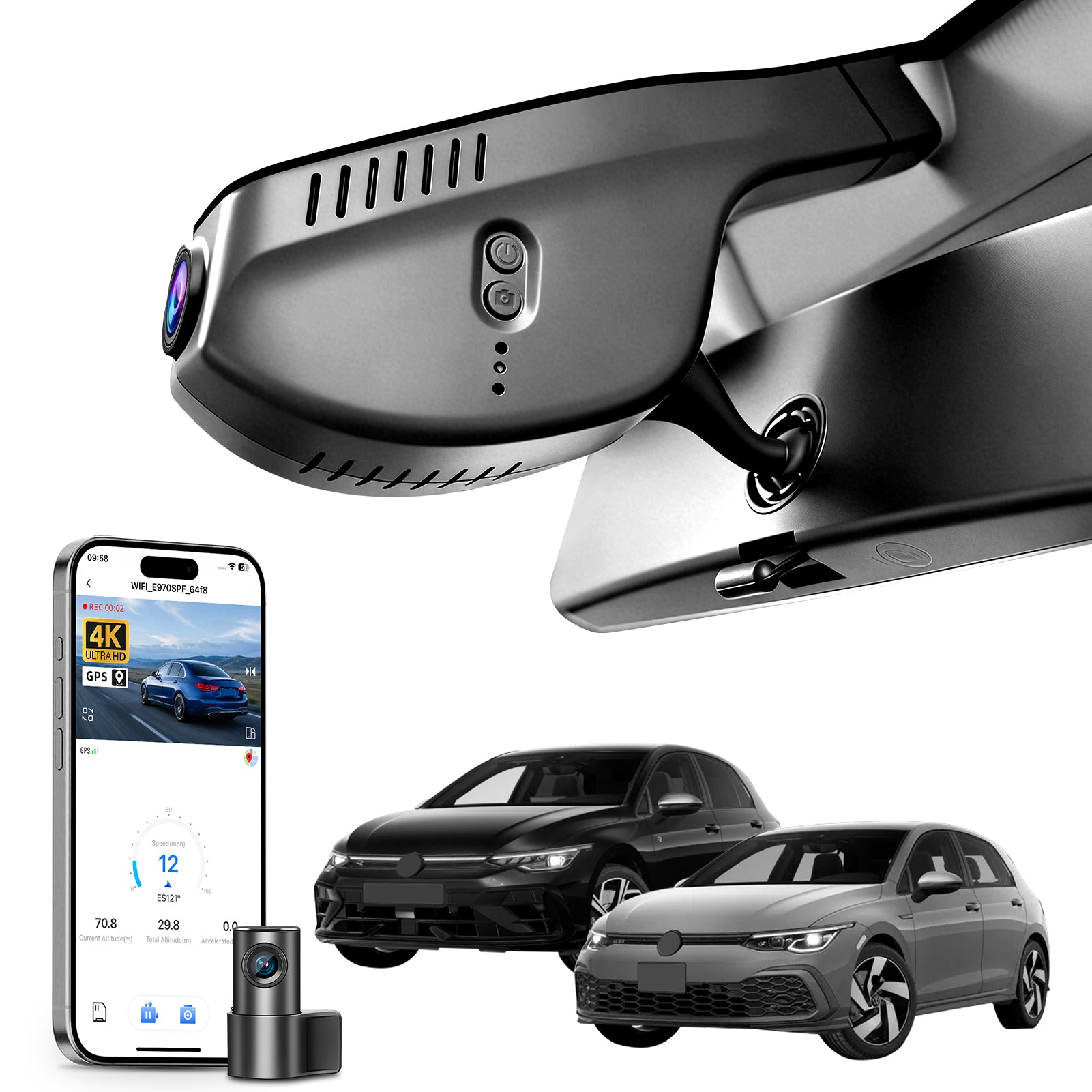 Mangoal Front 4K & Rear 2K HDR Dash Cam, Dual STARVIS 2, for Volkswagen Golf & Golf GTI & Golf R MK 7/7.5/8 2015-2025 (Model A Black)