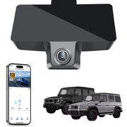 Car rearview mirror built-in dash cam with smartphone app control, 4K Ultra HD recording, GPS tracking, and Benz G-Class models in the background.