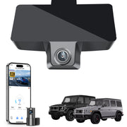 2 channel dash cam with dual STARVIS 2, features smartphone app control, 4K Ultra HD recording, GPS tracking, and Benz G-Class models in the background. 