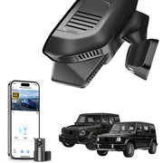 2 channel dash cam with dual STARVIS 2, features smartphone app control, 4K Ultra HD recording, GPS tracking, and Benz G-Class models in the background. 