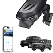 Car rearview mirror built-in dash cam with smartphone app control, 4K Ultra HD recording, GPS tracking, and Benz G-Class models in the background.