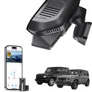 2 channel dash cam with dual STARVIS 2, features smartphone app control, 4K Ultra HD recording, GPS tracking, and Benz G-Class models in the background. 