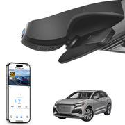 Car rearview mirror built-in dash cam with smartphone app control, 4K Ultra HD recording, GPS tracking, and Audi Q4 e-tron models in the background.