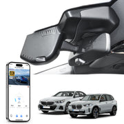 Car rearview mirror built-in dash cam with smartphone app control, 4K Ultra HD recording, GPS tracking, and BMW 5 Series Gen7 models in the background.