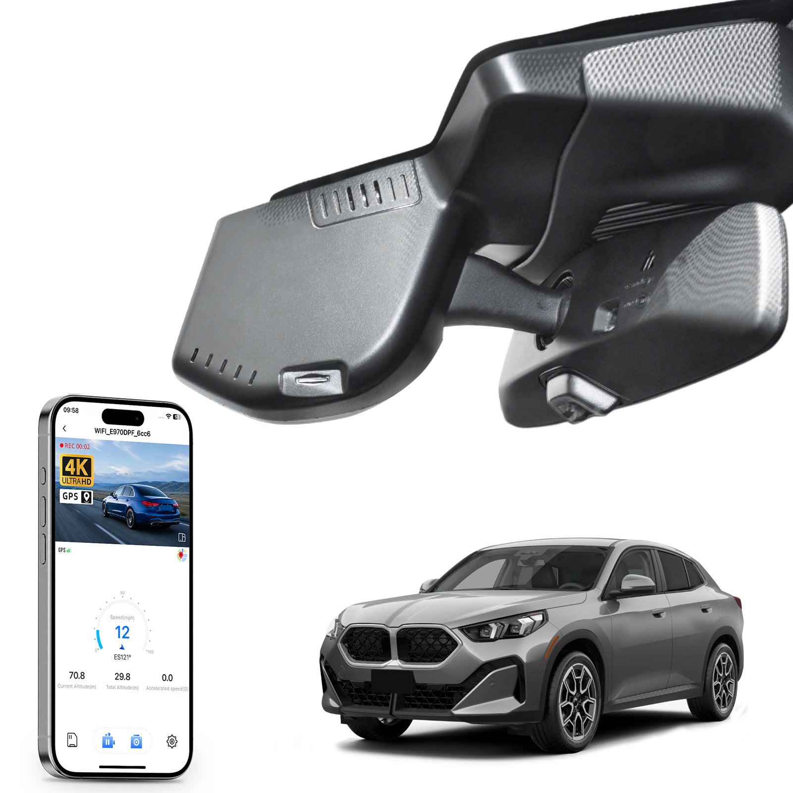Car rearview mirror built-in dash cam with smartphone app control, 4K Ultra HD recording, GPS tracking, and BMW X2 Gen2 SUV models in the background.