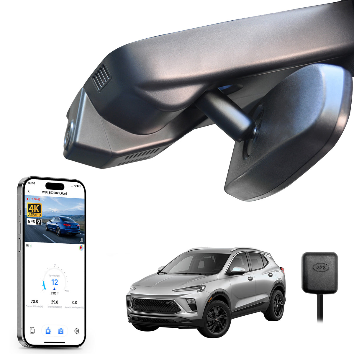 Car rearview mirror built-in dash cam with smartphone app control, 4K Ultra HD recording, GPS tracking, and Buick Encore GX SUV models in the background.
