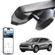 Car rearview mirror dash cam with smartphone app control, 4K Ultra HD recording, GPS tracking, and Chevy Trax SUV models in the background.